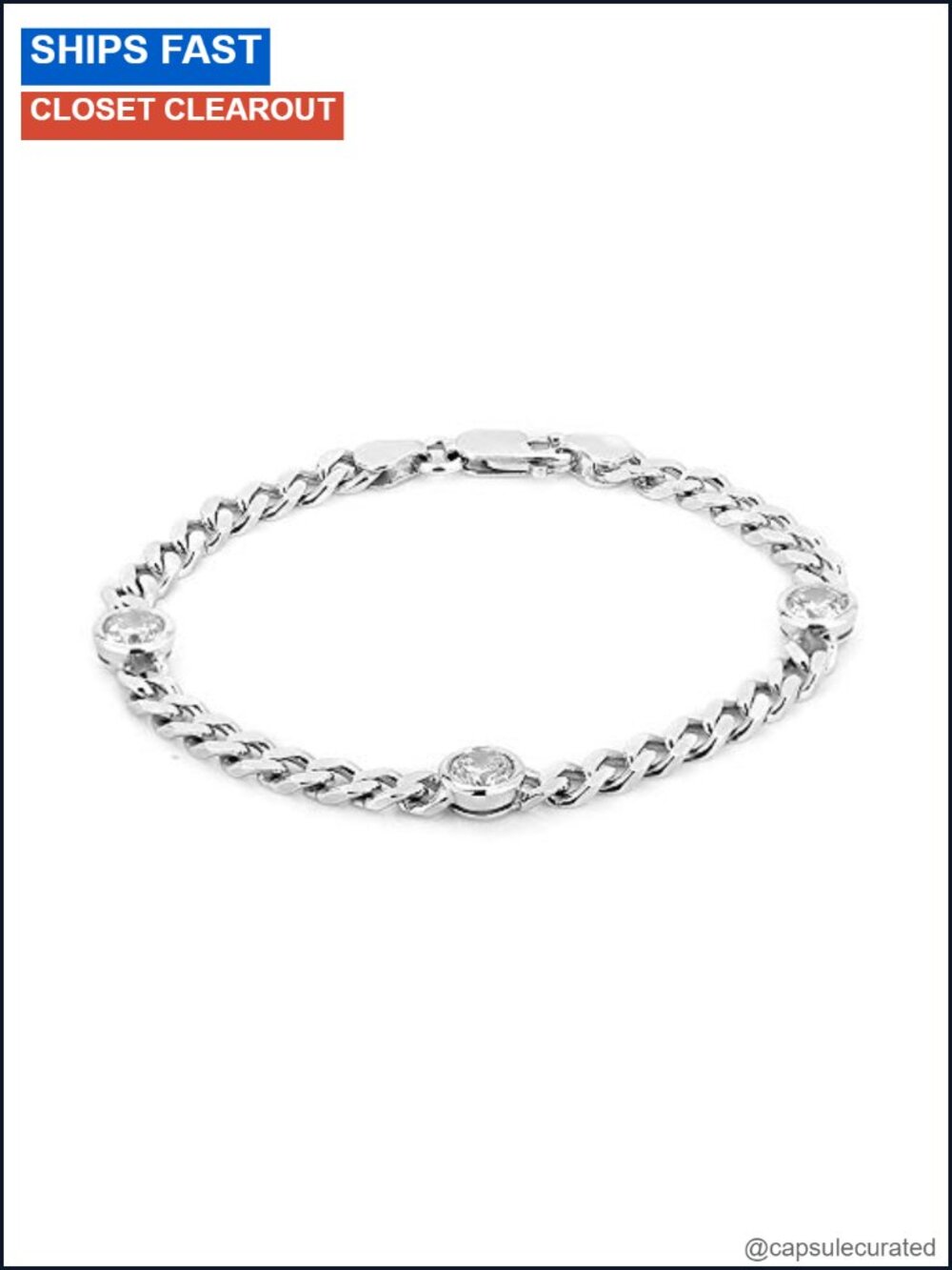 925 Sterling Silver Handmade Curb Chain Bracelet Cubic Zirconia